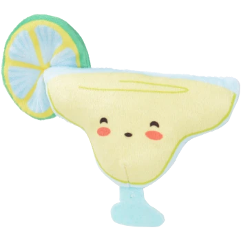 Plüschspielzeug in Form einer Margarita mit lächelndem Gesicht, gelbem Getränk-Körper, blauem Stiel und grünem Limettenstück.
