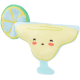 Plüschspielzeug in Form einer Margarita mit lächelndem Gesicht, gelbem Getränk-Körper, blauem Stiel und grünem Limettenstück.
