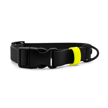 Schwarzes verstellbares Hundehalsband mit seitlich zu öffnender Kunststoffschnalle, D-Ring und neongelbem Silikonhalter vor weißem Hintergrund.