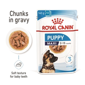 Royal Canin Puppy food packaging featuring chunks in gravy, suitable for puppies aged 2-15 months, with a soft texture for baby teeth.