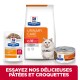 Produits Hill's Prescription Diet Urinary Care avec un chat blanc, présentant de la nourriture sèche, un sachet de nourriture humide et une boîte, promouvant des repas savoureux.