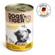 Dosenfutter für Hunde "DOGS'n TIGER" mit einem Cartoon-Hund und einer Karotte, mit der Aufschrift "MAHLZEIT! Huhn mit Karotte," 67% Huhn, 100% natürlich, in Deutschland hergestellt.