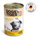Dosenfutter für Hunde "DOGS'n TIGER" mit einem Cartoon-Hund und einer Karotte, mit der Aufschrift "MAHLZEIT! Huhn mit Karotte," 67% Huhn, 100% natürlich, in Deutschland hergestellt.