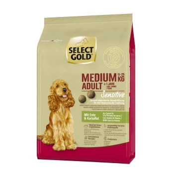 Sensitive Adult Medium Ente und Kartoffel 1 kg Select Gold Medium Adult Hundefutterbeutel, 11-25 kg, mit der Aufschrift 'Sensitive' und einem Bild eines Hundes. Zutaten umfassen Ente und Kartoffel.