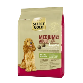 Select Gold Medium Adult Hundefutterbeutel, 11-25 kg, mit der Aufschrift 'Sensitive' und einem Bild eines Hundes. Zutaten umfassen Ente und Kartoffel.