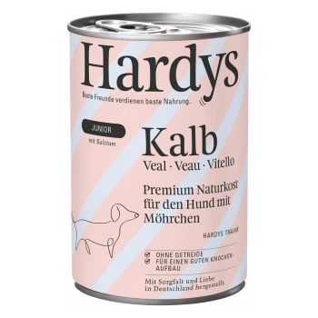 Puszka karmy dla psów Hardys oznaczona "Kalb" (cielęcina) dla młodych psów, z różowym wzorem, z tekstem o premium naturalnym odżywianiu i wapniem.
