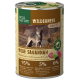 Canned dog food "Real Nature Wilderness Adult" with wolf image, "Wide Savannah" flavor, 95% wild boar, lamb, duck, 5% fruits, herbs.