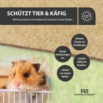 Hamster, der über einen Käfig mit Filzeinstreu schaut; deutsche Überschrift ‚SCHÜTZT TIER & KÄFIG‘ und Feature-Blasen zu Schutzfunktionen.