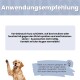Gebrauchsanweisung auf Deutsch mit einem Hund, der seine Pfote hebt, mit dem Hinweis vor Gebrauch zu schütteln und Augenkontakt zu vermeiden.