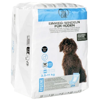 Paquet de couches jetables pour chiens de 3,5 à 11 kg, présentant un chien brun aux poils bouclés et étiqueté "Take Care" en plusieurs langues.