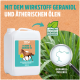 Weißer Behälter mit der Aufschrift "GREEN HERO Bremsen-EX" mit einem Pferdegrafik, 5L Kapazität und Qualitätszertifikaten, vor einem türkisfarbenen Hintergrund.