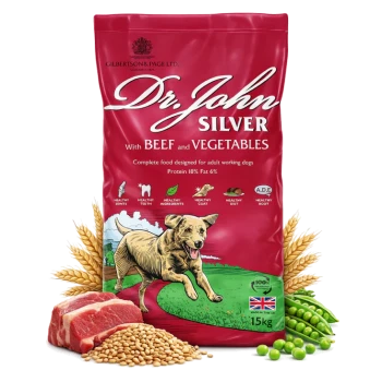 Hundefuttertüte mit der Aufschrift "Dr. John Silver mit Rind und Gemüse," 15kg, mit einer Illustration eines laufenden Hundes und ernährungsbezogenen Angaben.