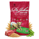 Hundefuttertüte mit der Aufschrift "Dr. John Silver mit Rind und Gemüse," 15kg, mit einer Illustration eines laufenden Hundes und ernährungsbezogenen Angaben.