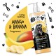 Mango- und Bananen-Hundeshampoo-Flasche mit einer Hundillustration, die Text über den langanhaltenden Duft, die vegane Formel und die Vorteile enthält.
