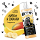 Mango- und Bananen-Hundeshampoo-Flasche mit einer Hundillustration, die Text über den langanhaltenden Duft, die vegane Formel und die Vorteile enthält.