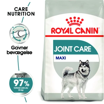 Royal Canin Gelenkpflege Maxi Hundefutterbeutel mit einer grauen und weißen Hundillustration, die 97% Wirksamkeit in 28 Tagen hervorhebt.