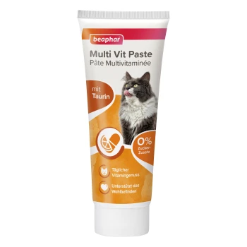 Beaphar Multi Vit Paste für Katzen in einer Tube, mit einer Katze, die sich die Lippen leckt, und Text über Taurin, ohne Zucker und tägliche Vitaminvorteile.