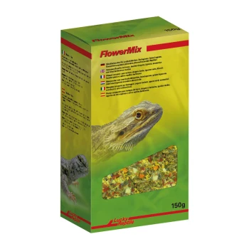 Eine bunte Box "FlowerMix" für Reptilien, mit einer Nahaufnahme eines Bartagamen auf der linken Seite und einem transparenten Fenster, das die Mischung im Inneren zeigt.