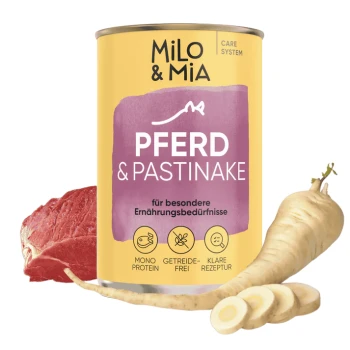 Dosen-Hundefutter "Milo & Mia" mit einem Cartoon-Hund, beschriftet mit "Pferd und Pastinake" und Vorteilen wie "Immun Booster" und "Darm Wohl."