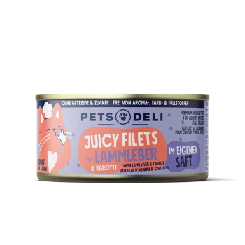 Dose Pets Deli Juicy Filets Katzenfutter mit Lammleber und Karotte, getreide- und zuckerfrei, für erwachsene Katzen.