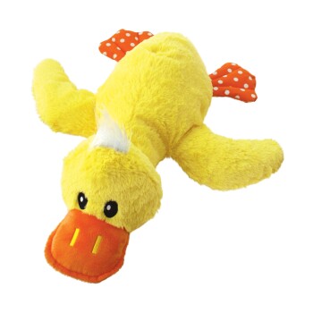Jouet en peluche canard jaune pour animal, bec orange, touffe blanche, yeux noirs et pattes orange à pois.