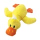 Jouet en peluche canard jaune pour animal, bec orange, touffe blanche, yeux noirs et pattes orange à pois.