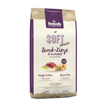 Bosch Soft Senior Hundefuttertüte, mit "Land-Ziege & Kartoffel", hebt die Formel mit einer einzigen Proteinquelle und ohne Getreide hervor, 12,5 kg.