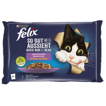Paquet de nourriture pour chats Felix avec un chat noir et blanc joueur regardant à travers un emballage déchiré, avec du texte en allemand et en français.