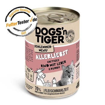 Dosenfutter für Katzen mit der Aufschrift "DOGS'n TIGER" und dem Geschmack "ALLERLIEBST", mit Rindfleisch, Leber und Kürbis, 70% Fleischanteil und einem Qualitätssiegel.