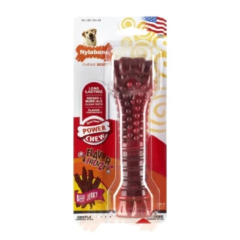 Red Nylabone dog chew toy in packaging, labeled "Power Chew" with "Beef Jerky Flavor," featuring ridges for dental cleaning.