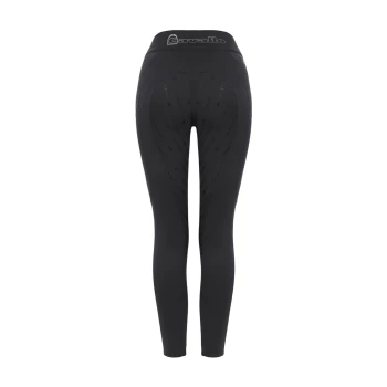 Schwarze Reitleggings mit hohem Bund, die ein dezentes Cavallo-Logo und ein gemustertes Grip im Sitzbereich aufweisen.