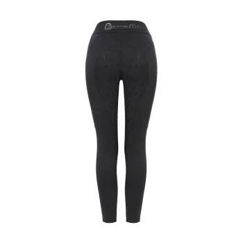 Schwarze Reitleggings mit hohem Bund, die ein dezentes Cavallo-Logo und ein gemustertes Grip im Sitzbereich aufweisen.