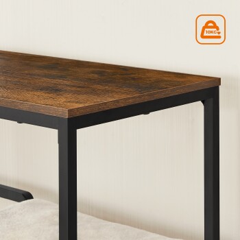 Eine Nahaufnahme eines hölzernen Haustierfütterungstisches mit einem schwarzen Metallrahmen, der ein Gewichtslimit-Symbol von 10 kg in der oberen rechten Ecke zeigt.