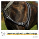 Eine Nahaufnahme eines stilvollen Hundegeschirrs und einer Leine am Hals eines gestromten Hundes, mit dem Text "Immer stilvoll unterwegs" und dem piupet-Logo.