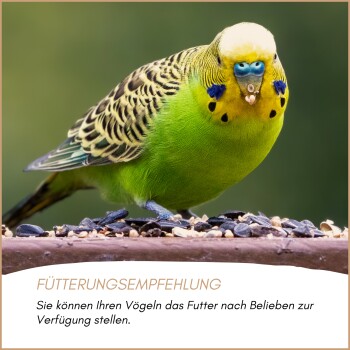 Supravit-Logo mit deutschem Text „Einfach gutes Futter – Frisch und natürlich seit 1965“ und Silhouetten von zwei Vögeln.