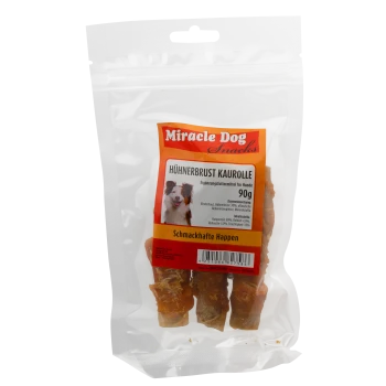 Miracle Dog Snacks Hähnchenbrust-Kaurollen für Hunde, 90g, mit Zutaten- und Nährwertangaben auf der Verpackung.