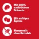 Rote Anzeige mit drei weißen Symbolen (Fleisch, Äpfel, durchgestrichenes Getreide) und deutschem Text: '100% Schwein; saftige Äpfel; ohne Getreide'.