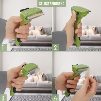 Eine Hand hält ein grünes selbstreinigendes Haustierpflegewerkzeug und demonstriert dessen Verwendung in vier Schritten, während ein Hund auf einem Sofa im Hintergrund entspannt.