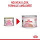 Image de deux boîtes de nourriture pour chat Royal Canin : à gauche pour "1er Âge Easy Start," à droite pour "1-4 mois." Le texte indique "NOUVEAU LOOK, FORMULE AMÉLIORÉE."