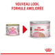 Image de deux boîtes de nourriture pour chat Royal Canin : à gauche pour "1er Âge Easy Start," à droite pour "1-4 mois." Le texte indique "NOUVEAU LOOK, FORMULE AMÉLIORÉE."