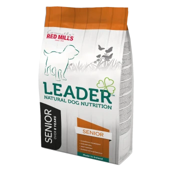 Bag of Leader Natural Dog Nutrition for seniors, highlighting "Chicken No. 1 Ingredient," "100% Natural," and "Joint Support."