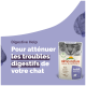 Pochette de nourriture pour chats Almo Nature étiquetée 'Aide Digestive' avec le visage d'un chat gris, comportant un texte en français sur l'aide aux problèmes digestifs.