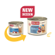 Twee blikken Animonda Carny volwassen kattenvoer met rundvlees en kabeljauw, met nieuw ontwerp en belangrijke ingrediënten op de etiketten.