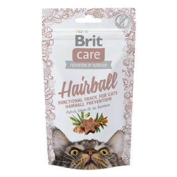 Brit Care Hairball-Snack für Katzen, zeigt das Gesicht einer Katze und Text zur Haarballenprävention mit Zutaten wie Flohsamen und Lachsöl.