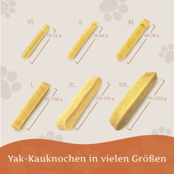 Sechs Größen gelber Yak-Kauknochen für Hunde, beschriftet von XS bis XXL mit Gewichtsangaben in Gramm, auf einem Pfotenabdruck-Hintergrund.