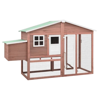 Holzhaustierhaus mit schrägem Dach, mehreren Fenstern, einem seitlichen Nistkasten und einem großen Netzgehege für kleine Tiere.