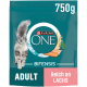 Purina ONE Bifensis Adult Katzenfutter 750g mit Lachs, Weizen und Kräutern, mit grauer getigerter Katze auf der Verpackung.