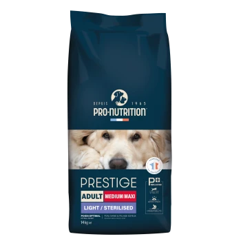 Tüte Pro-Nutrition Prestige Hundefutter, Adult Medium/Maxi, Light/Sterilisiert, 14 kg, mit Golden-Retriever-Gesicht und Logo.