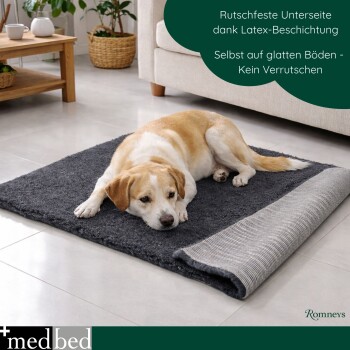 Hund auf grauer Matte; Text: Rutschfeste Unterseite dank Latex-Beschichtung; Selbst auf glatten Böden - kein Verrutschen.