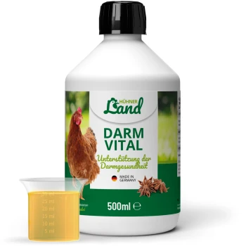 Eine Flasche des flüssigen Nahrungsergänzungsmittels "DARM VITAL" für Hühner, beschriftet auf Deutsch, zur Förderung der Darmgesundheit, mit einem Messbecher daneben.